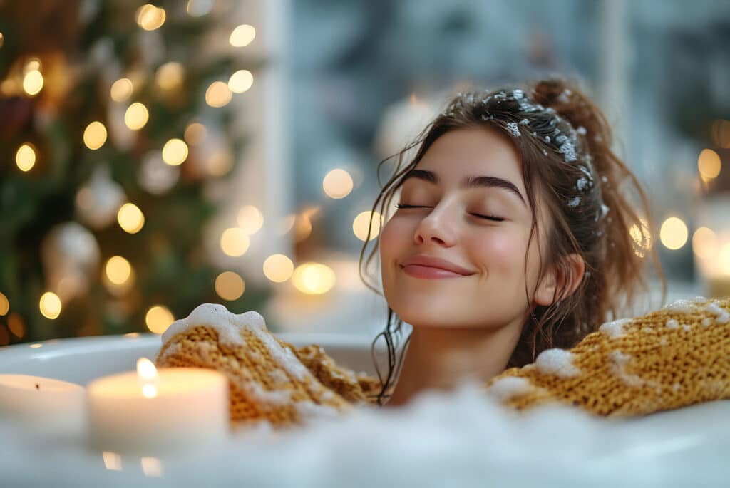 Woman relaxes in a bubble bath with candles, Christmas lights in the background.